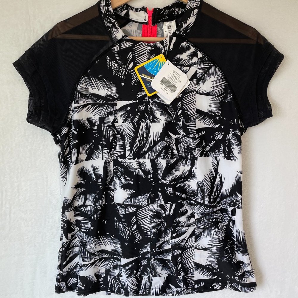 Fabletics Womens Black White Palm Tropical Short Sleeve Pearl Rashguard Size XL